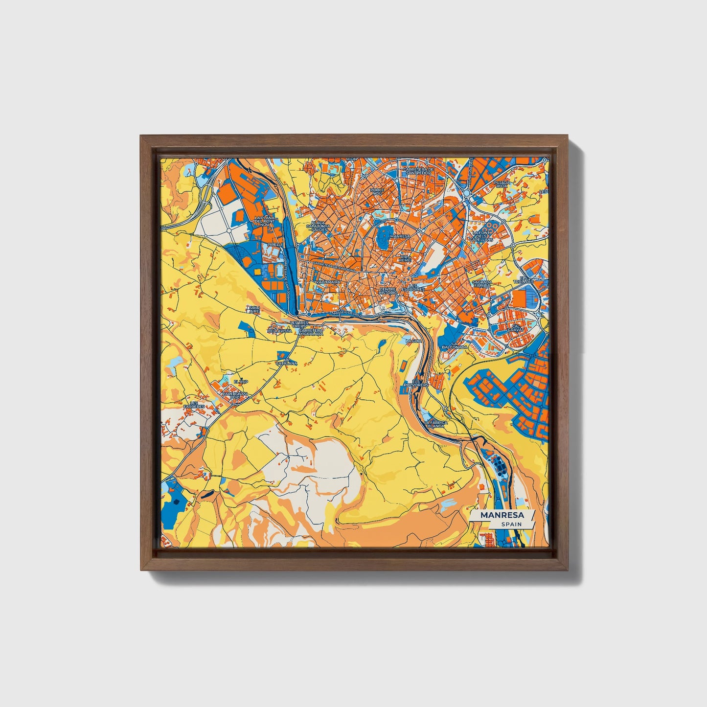 Manresa Spain Colorful City Map Canvas Print • Dark Wooden Framed