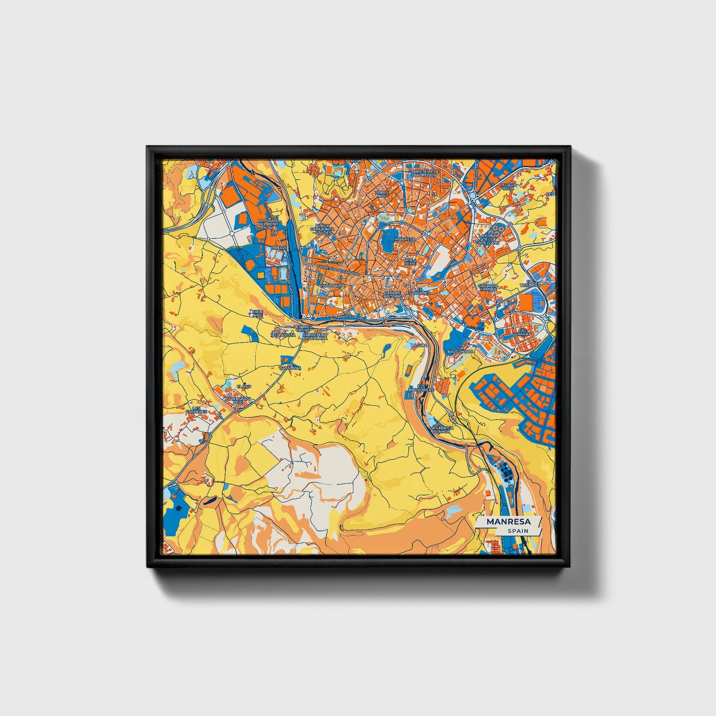 Manresa Spain Colorful City Map Canvas Print • Black Framed