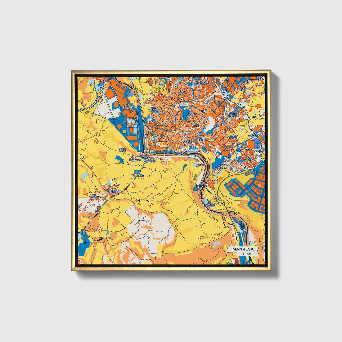 Manresa Spain Colorful City Map Canvas Print • Gold Framed