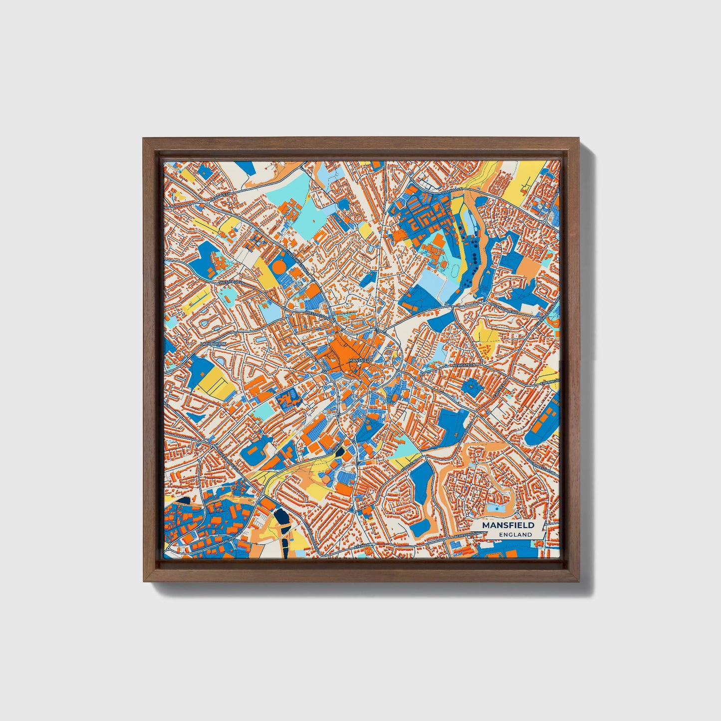 Mansfield England Colorful City Map Canvas Print • Dark Wooden Framed
