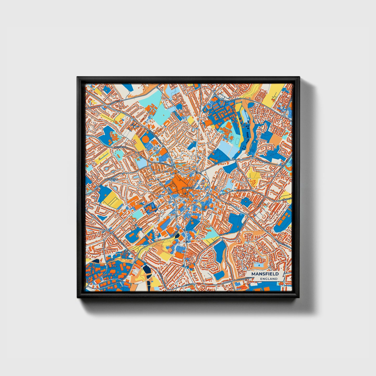 Mansfield England Colorful City Map Canvas Print • Black Framed