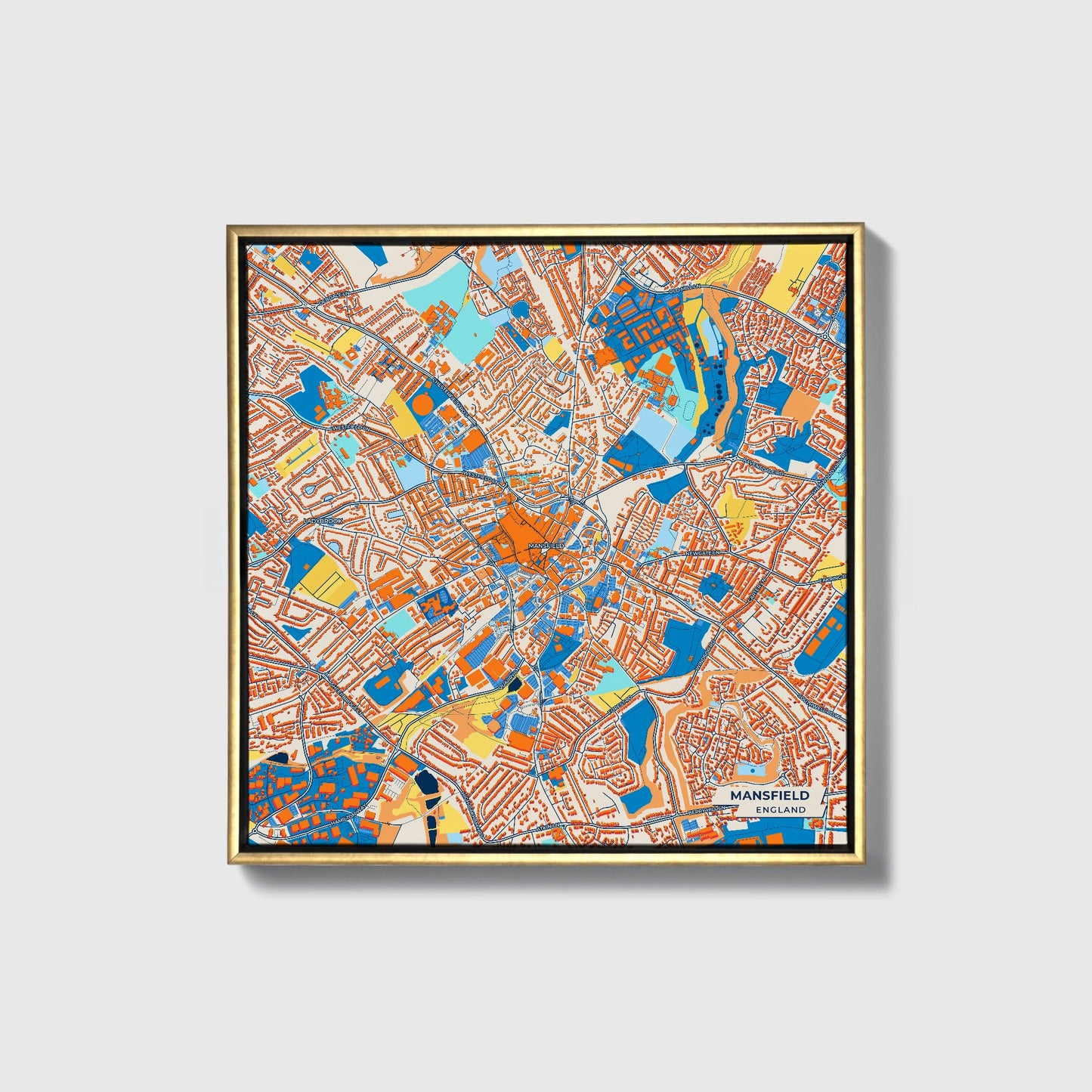 Mansfield England Colorful City Map Canvas Print • Gold Framed