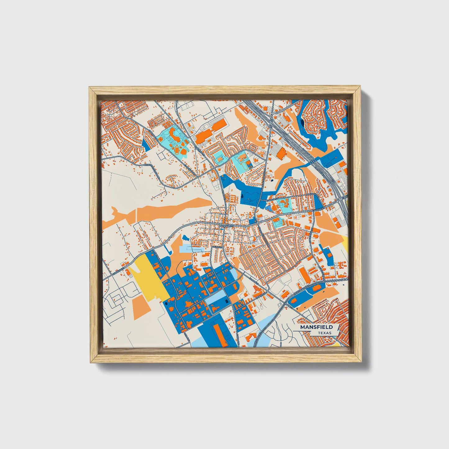 Mansfield Texas Colorful City Map Canvas Print • Natural Wooden Framed