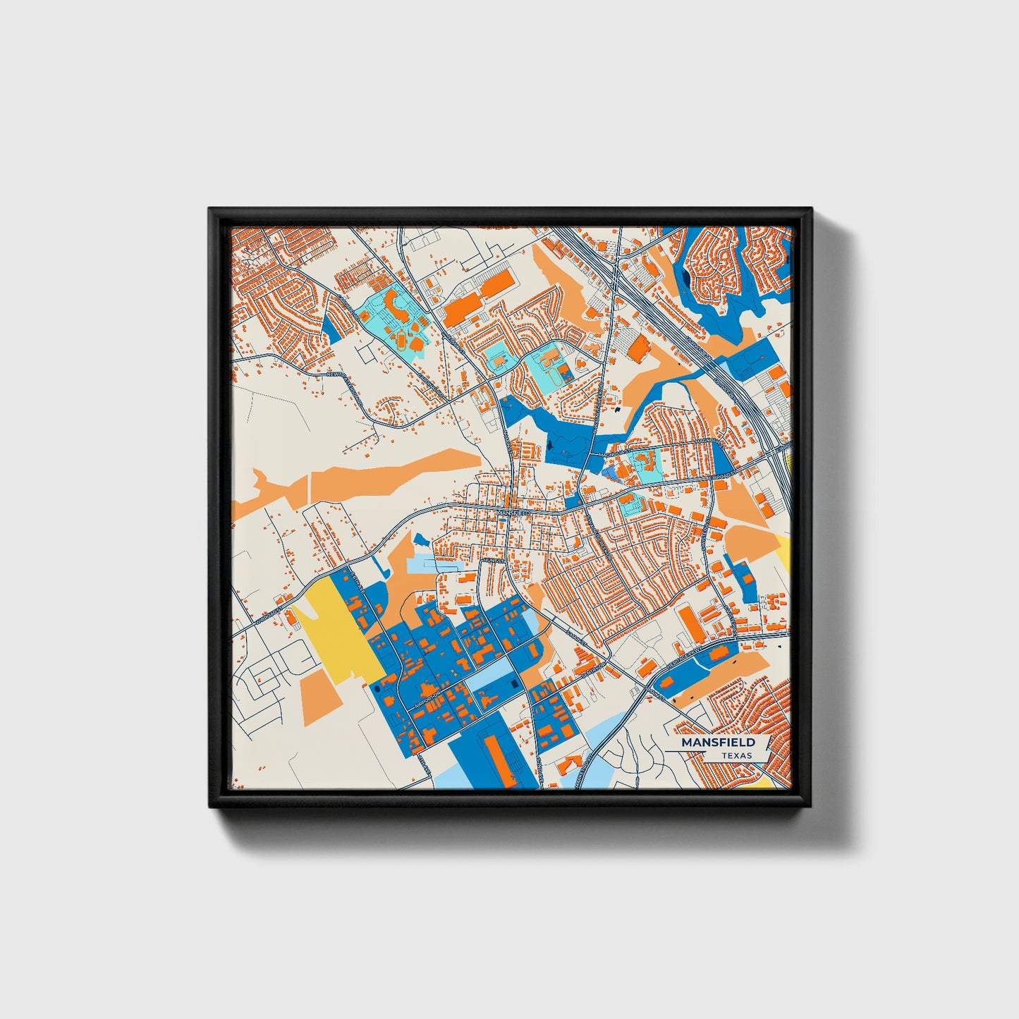 Mansfield Texas Colorful City Map Canvas Print • Black Framed