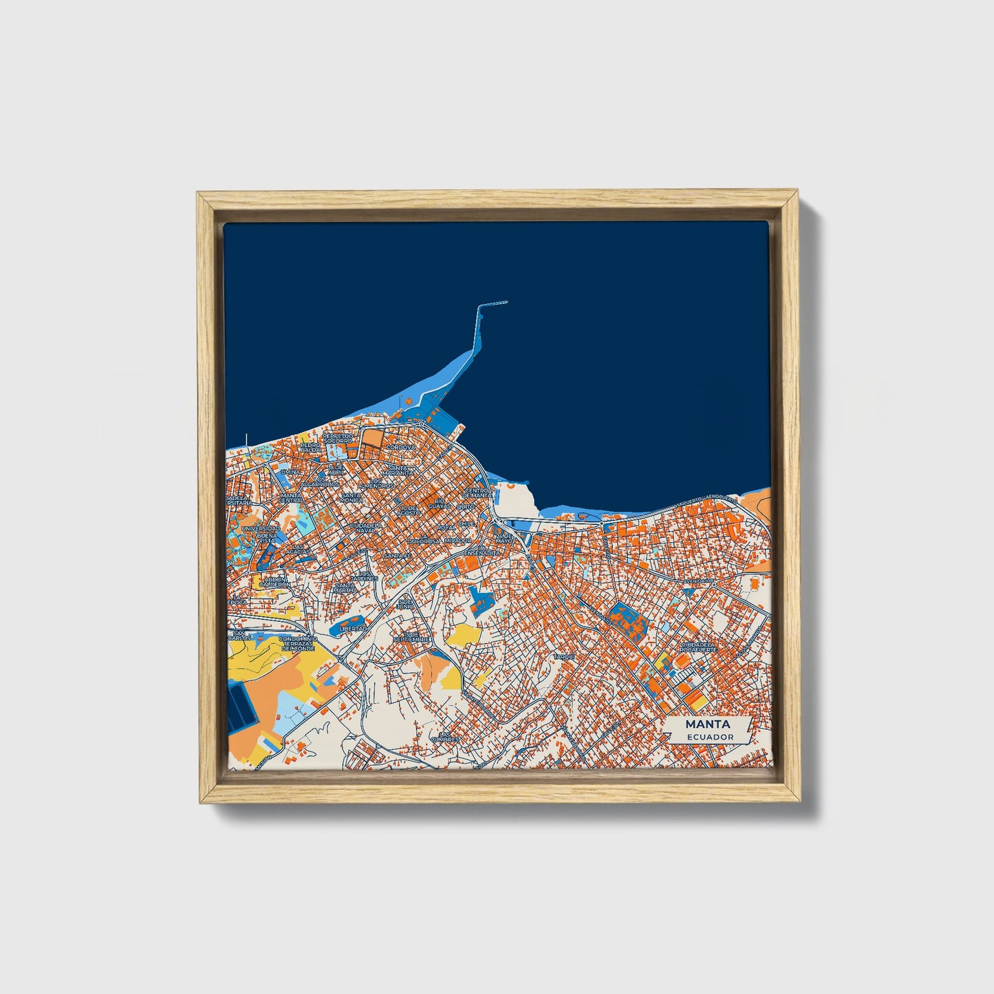 Manta Ecuador Colorful City Map Canvas Print • Natural Wooden Framed