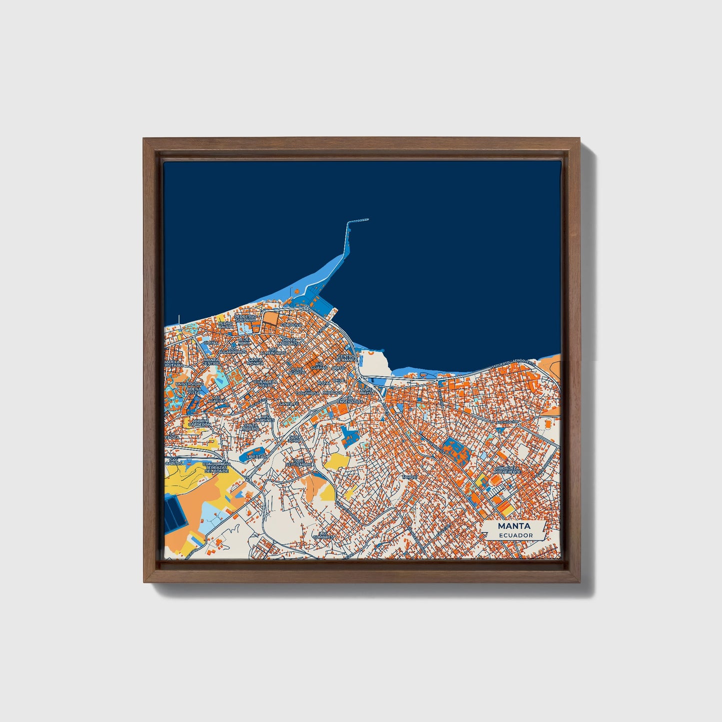Manta Ecuador Colorful City Map Canvas Print • Dark Wooden Framed
