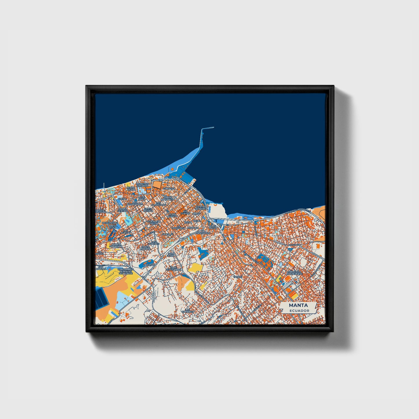 Manta Ecuador Colorful City Map Canvas Print • Black Framed
