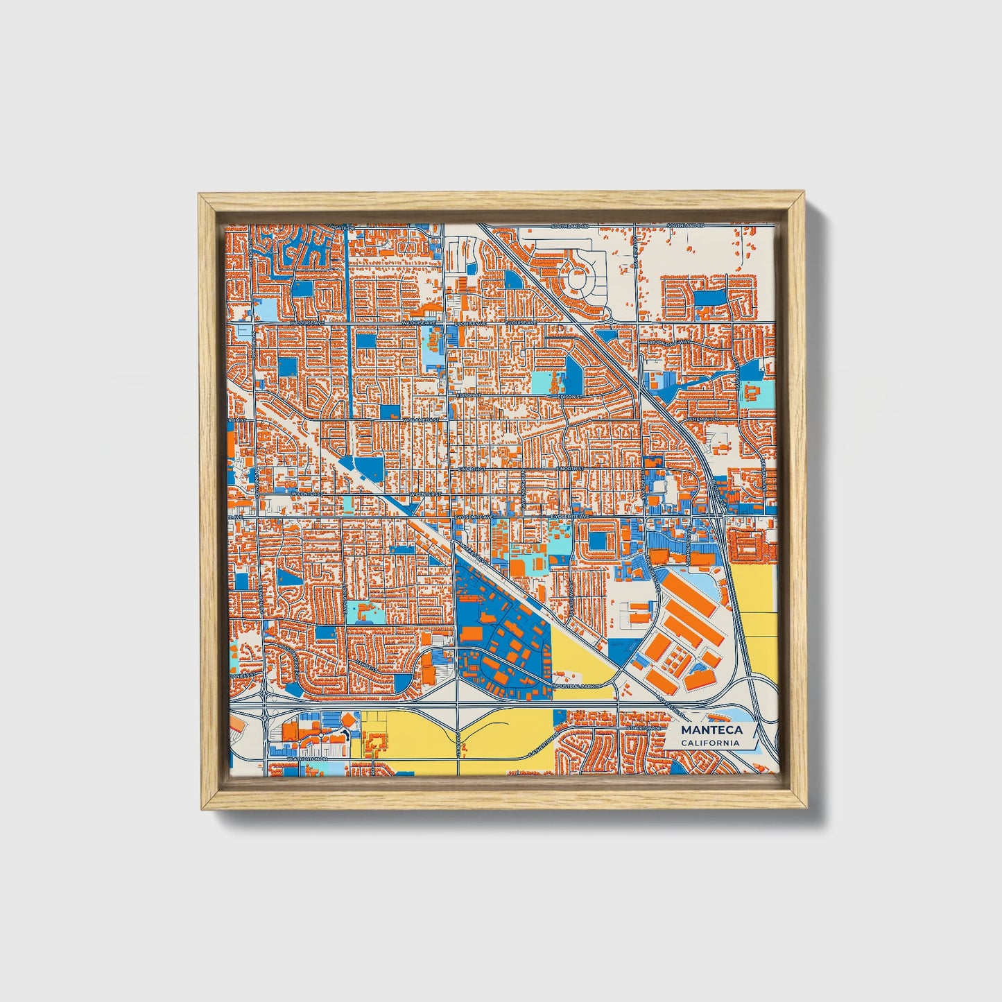 Manteca California Colorful City Map Canvas Print • Natural Wooden Framed
