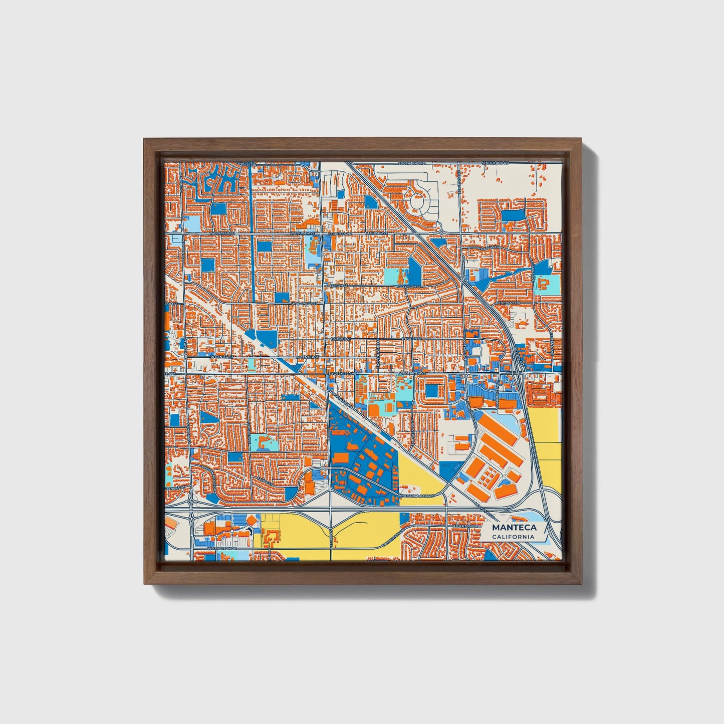 Manteca California Colorful City Map Canvas Print • Dark Wooden Framed