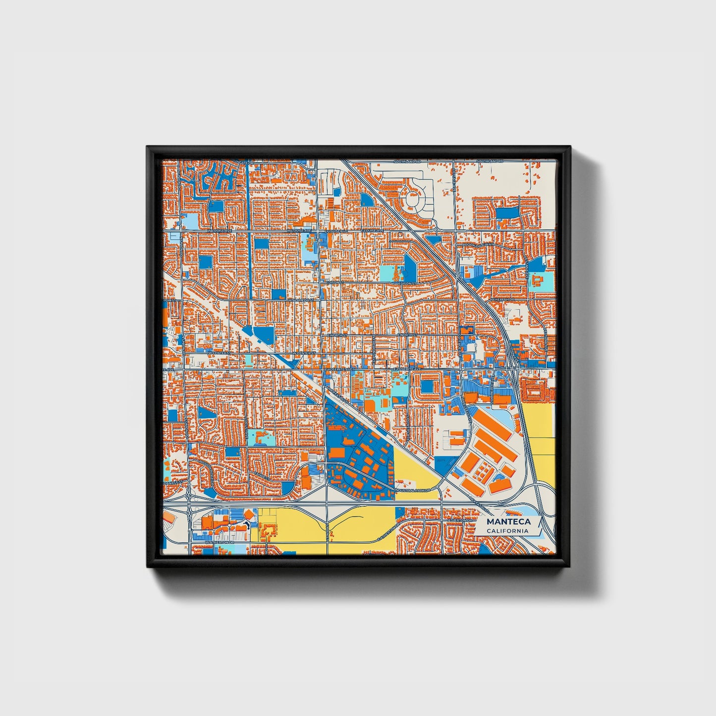 Manteca California Colorful City Map Canvas Print • Black Framed