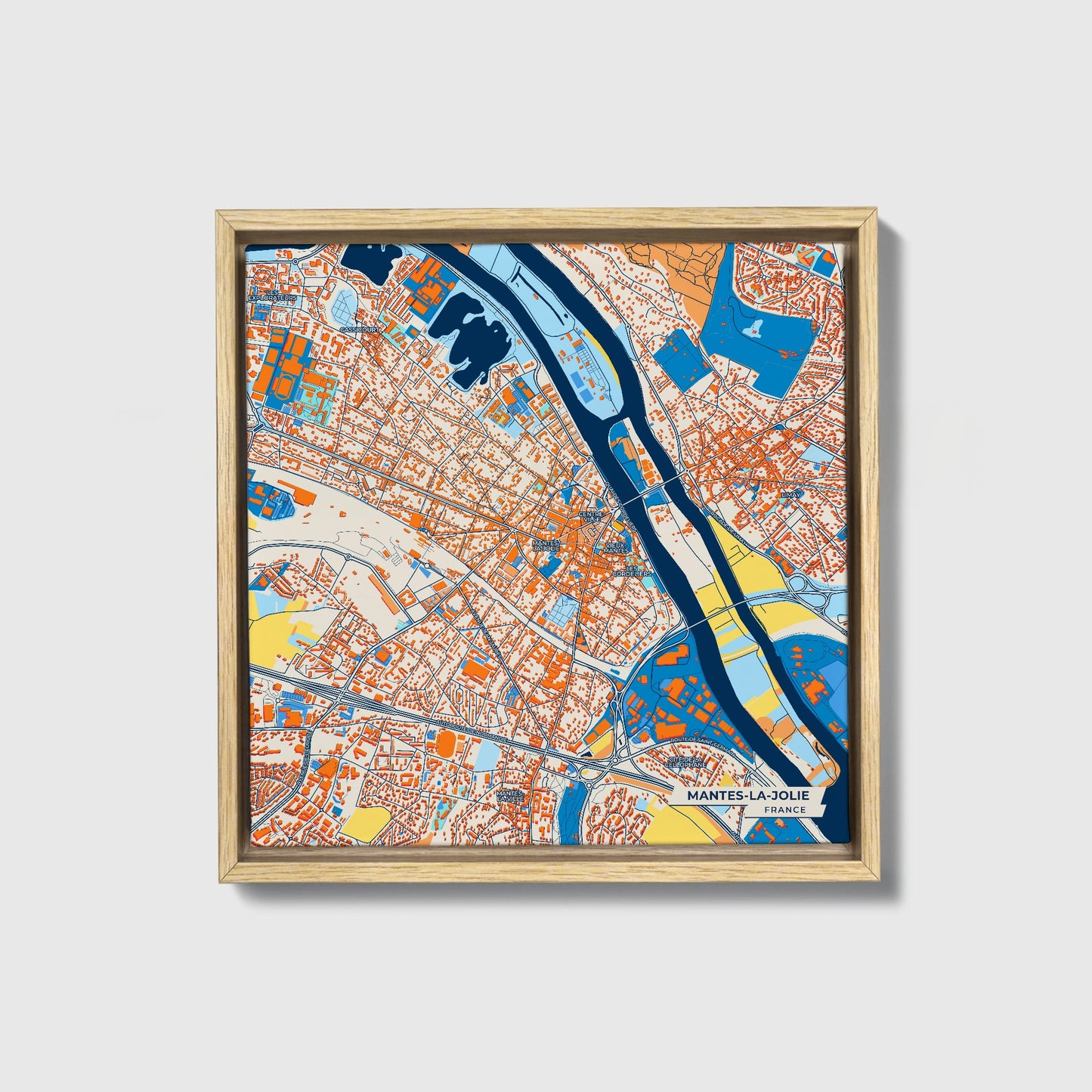 Mantes-La-Jolie France Colorful City Map Canvas Print • Natural Wooden Framed