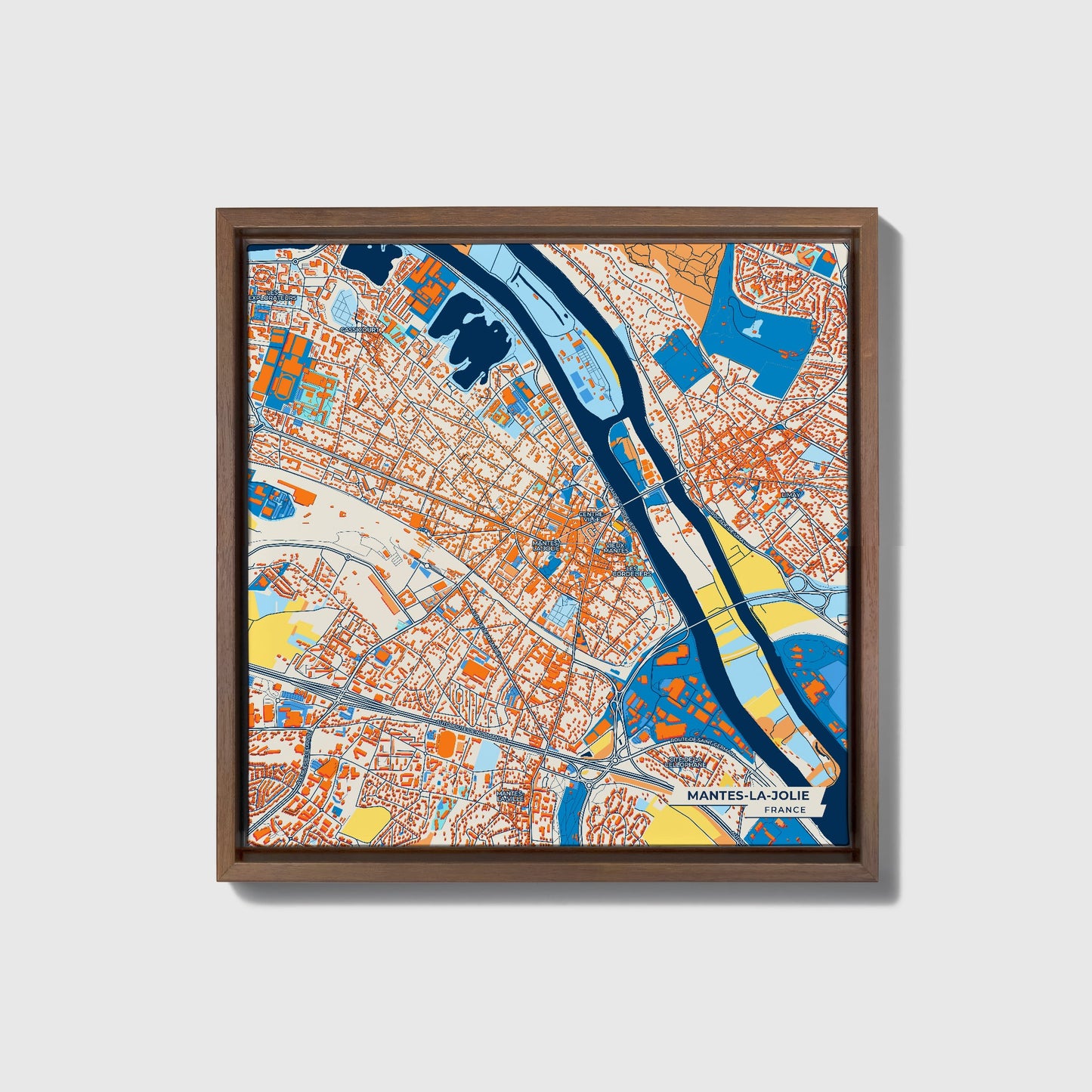 Mantes-La-Jolie France Colorful City Map Canvas Print • Dark Wooden Framed
