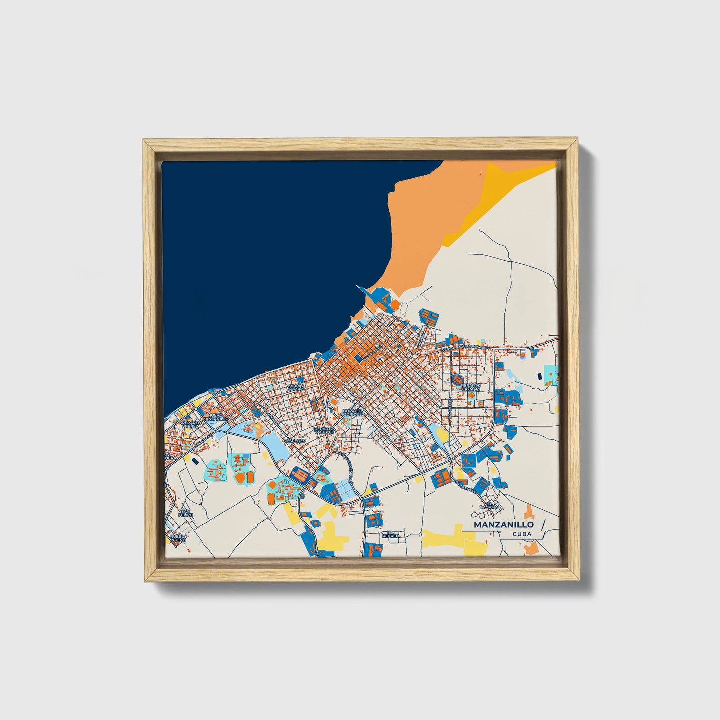 Manzanillo Cuba Colorful City Map Canvas Print • Natural Wooden Framed