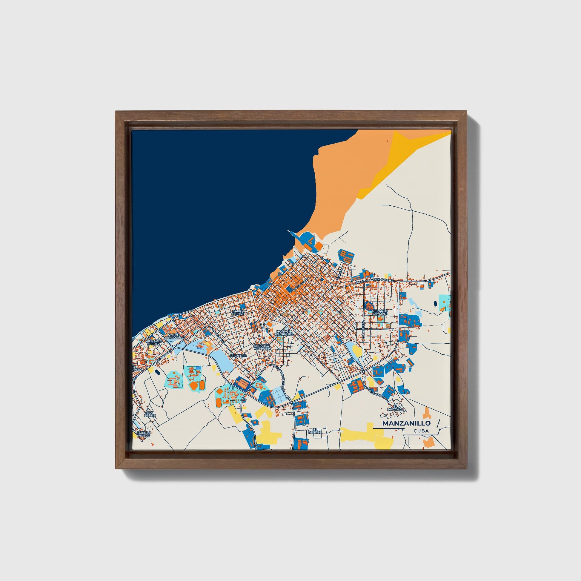 Manzanillo Cuba Colorful City Map Canvas Print • Dark Wooden Framed