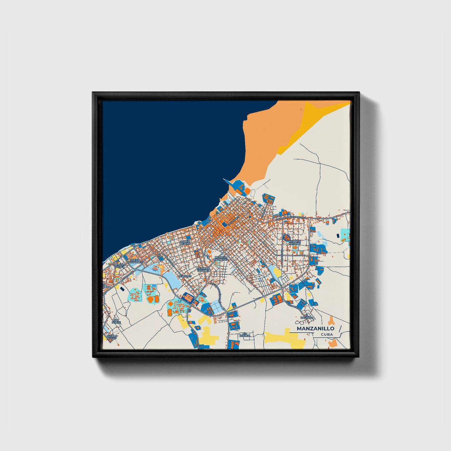 Manzanillo Cuba Colorful City Map Canvas Print • Black Framed