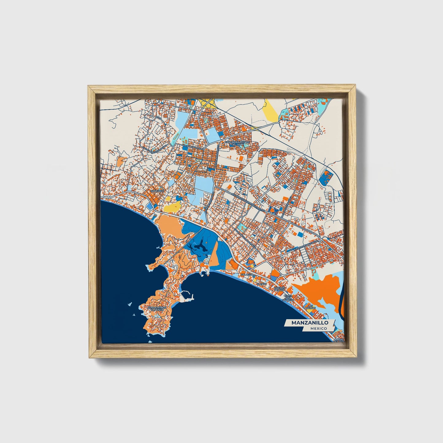 Manzanillo Mexico Colorful City Map Canvas Print • Natural Wooden Framed