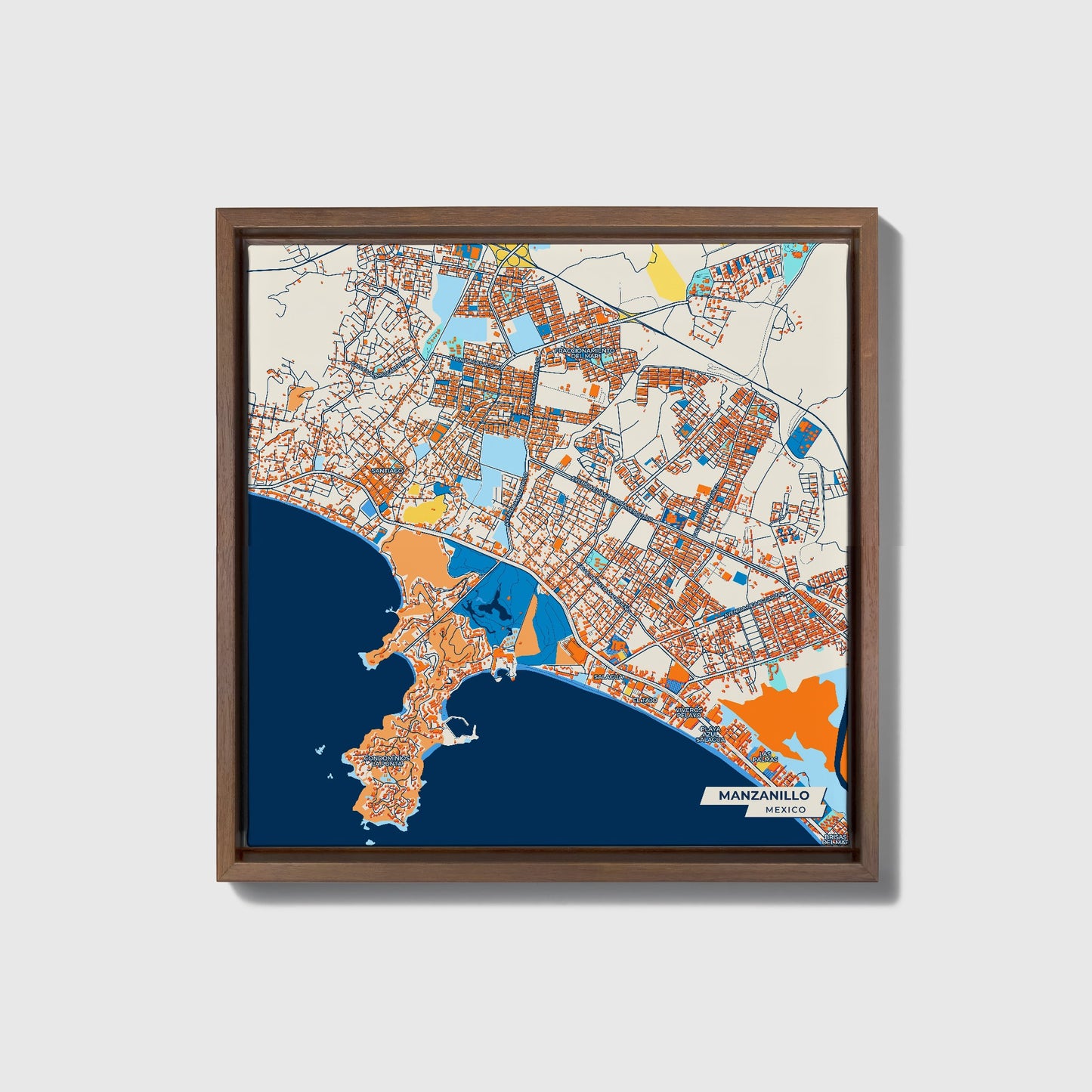 Manzanillo Mexico Colorful City Map Canvas Print • Dark Wooden Framed