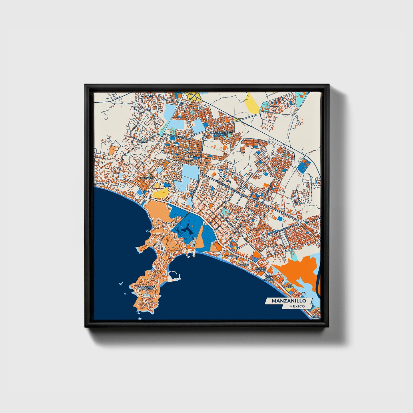 Manzanillo Mexico Colorful City Map Canvas Print • Black Framed