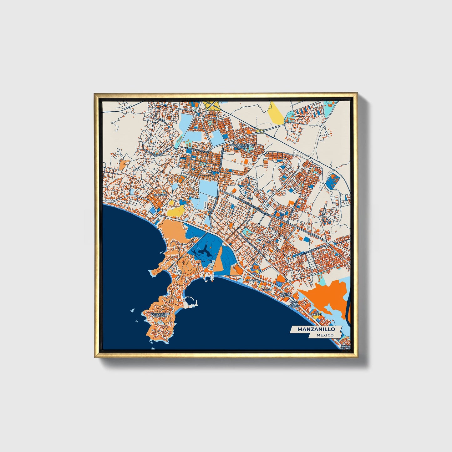 Manzanillo Mexico Colorful City Map Canvas Print • Gold Framed