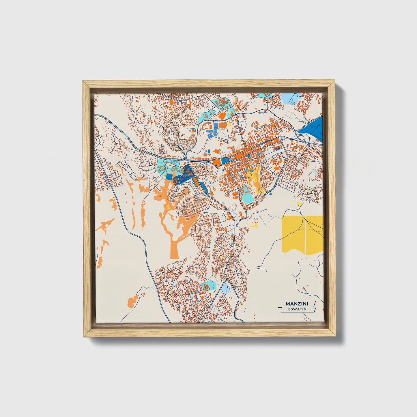 Manzini Eswatini Colorful City Map Canvas Print • Natural Wooden Framed