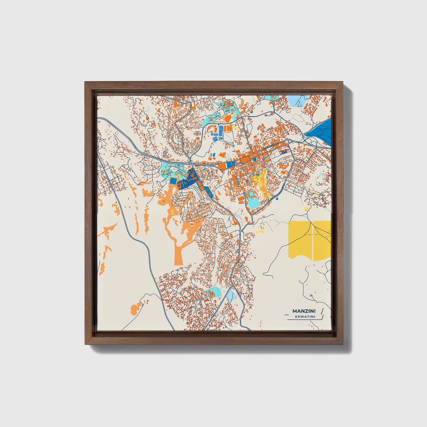 Manzini Eswatini Colorful City Map Canvas Print • Dark Wooden Framed