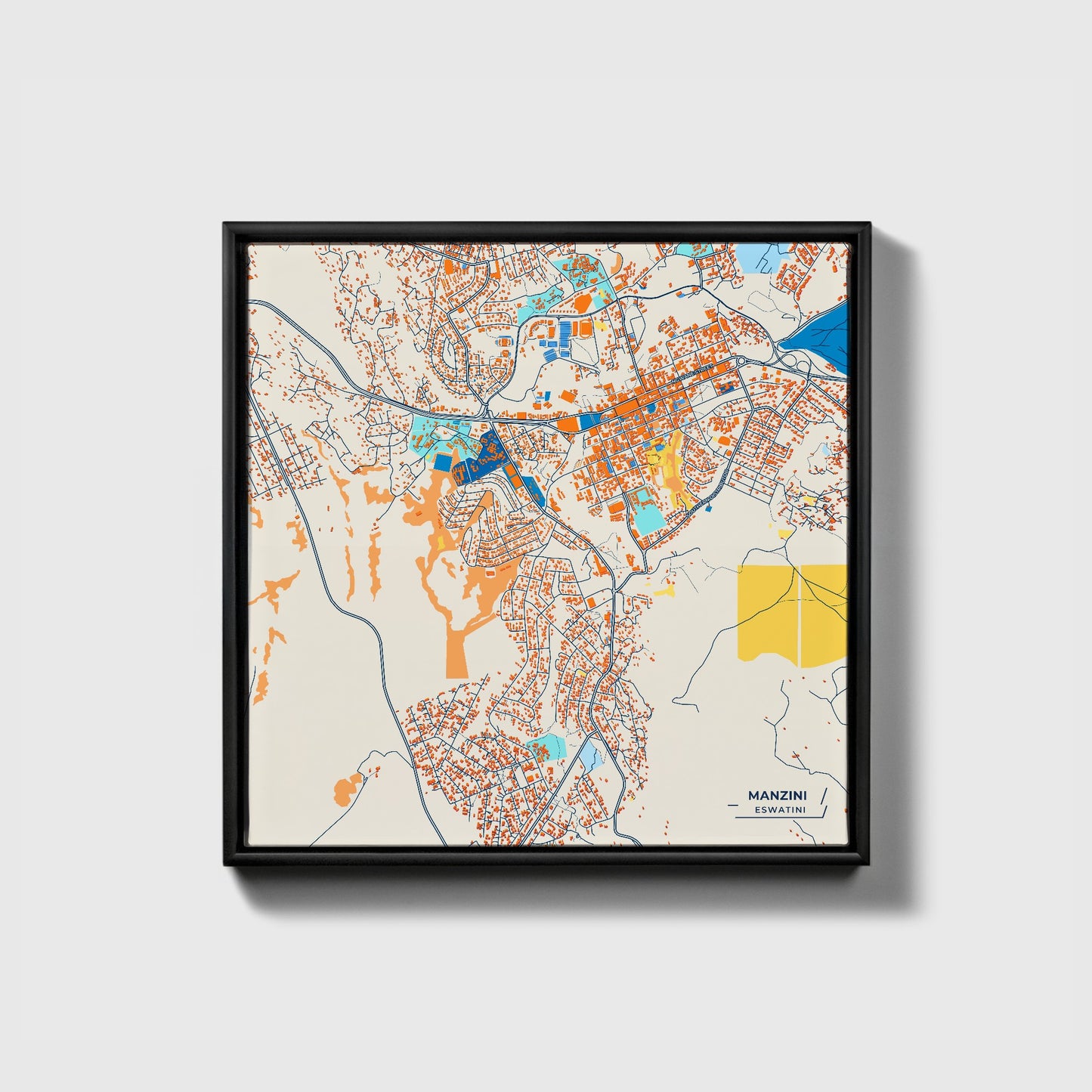 Manzini Eswatini Colorful City Map Canvas Print • Black Framed
