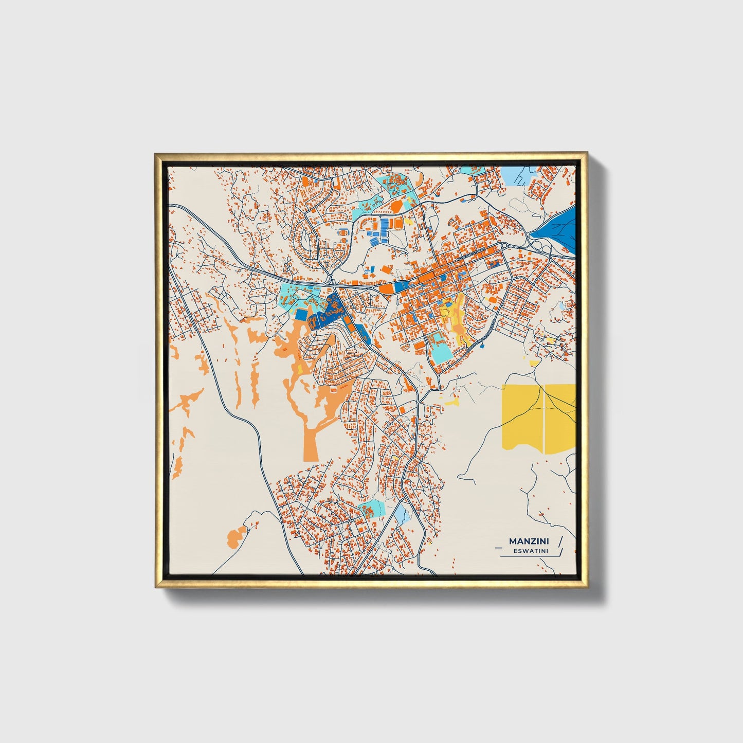 Manzini Eswatini Colorful City Map Canvas Print • Gold Framed