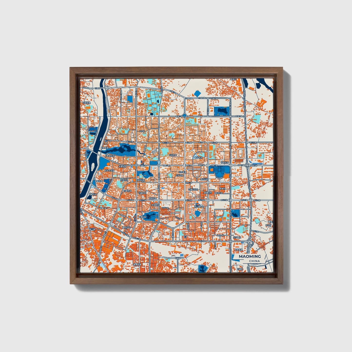 Maoming China Colorful City Map Canvas Print • Dark Wooden Framed