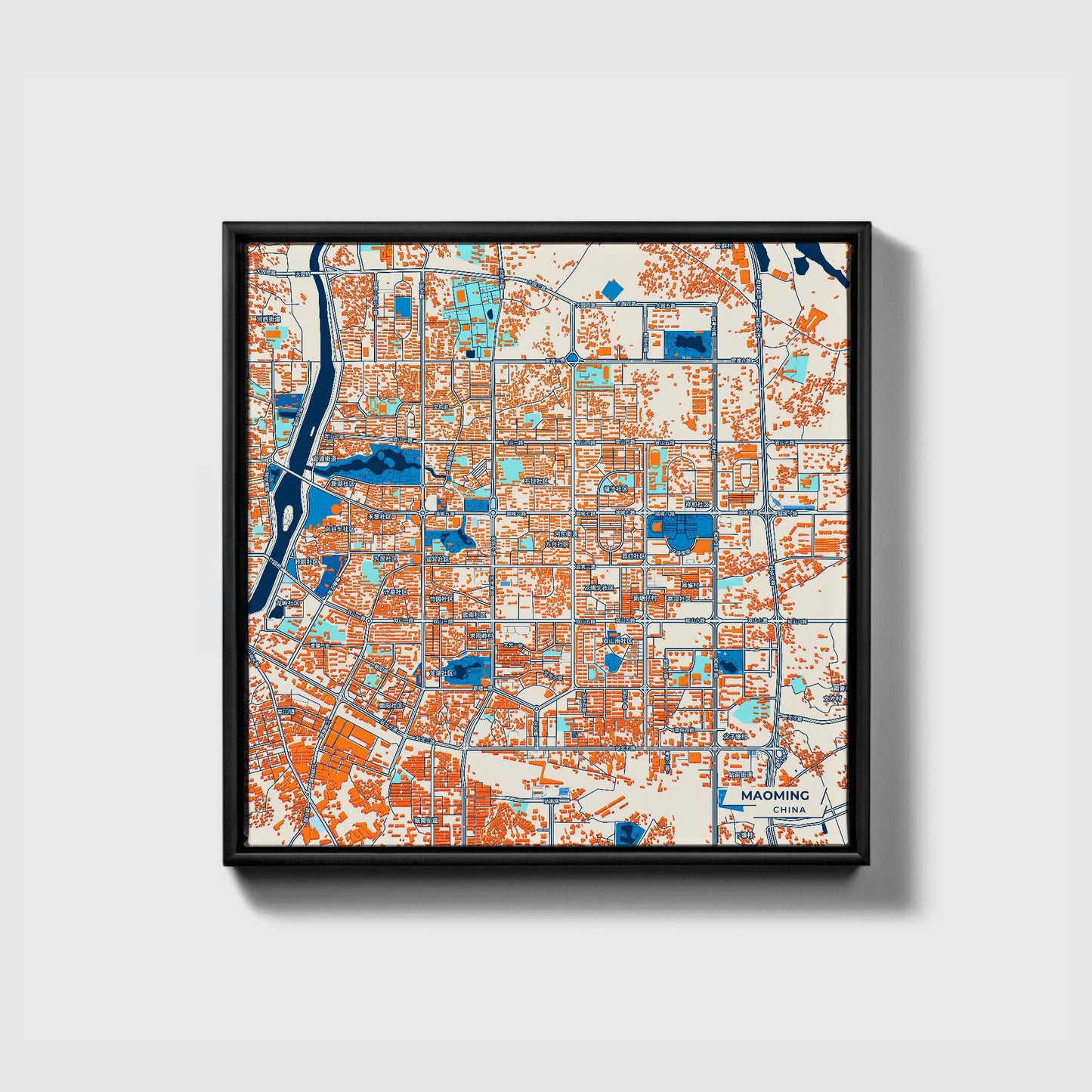 Maoming China Colorful City Map Canvas Print • Black Framed