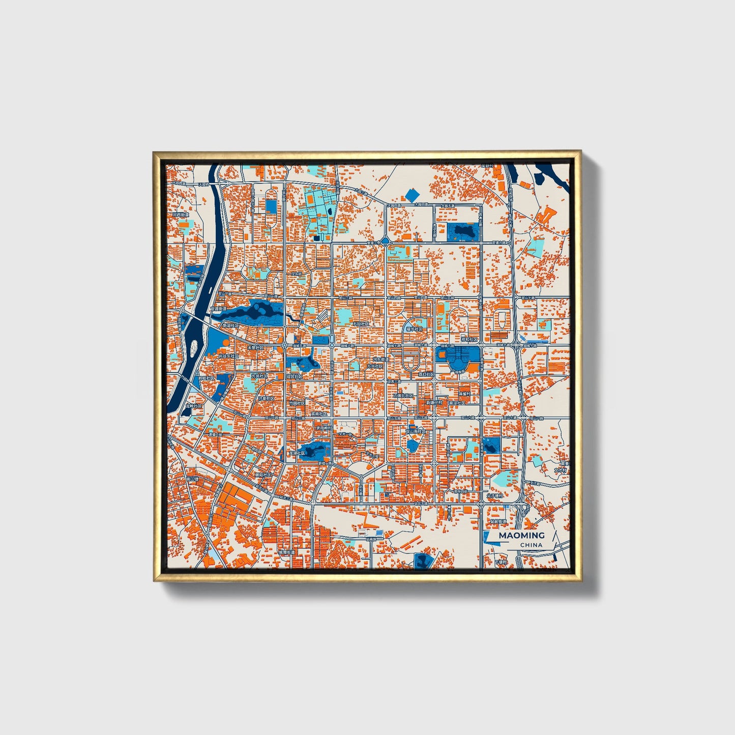 Maoming China Colorful City Map Canvas Print • Gold Framed