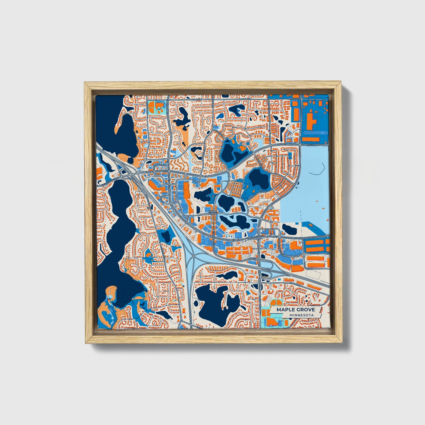 Maple Grove Minnesota Colorful City Map Canvas Print • Natural Wooden Framed