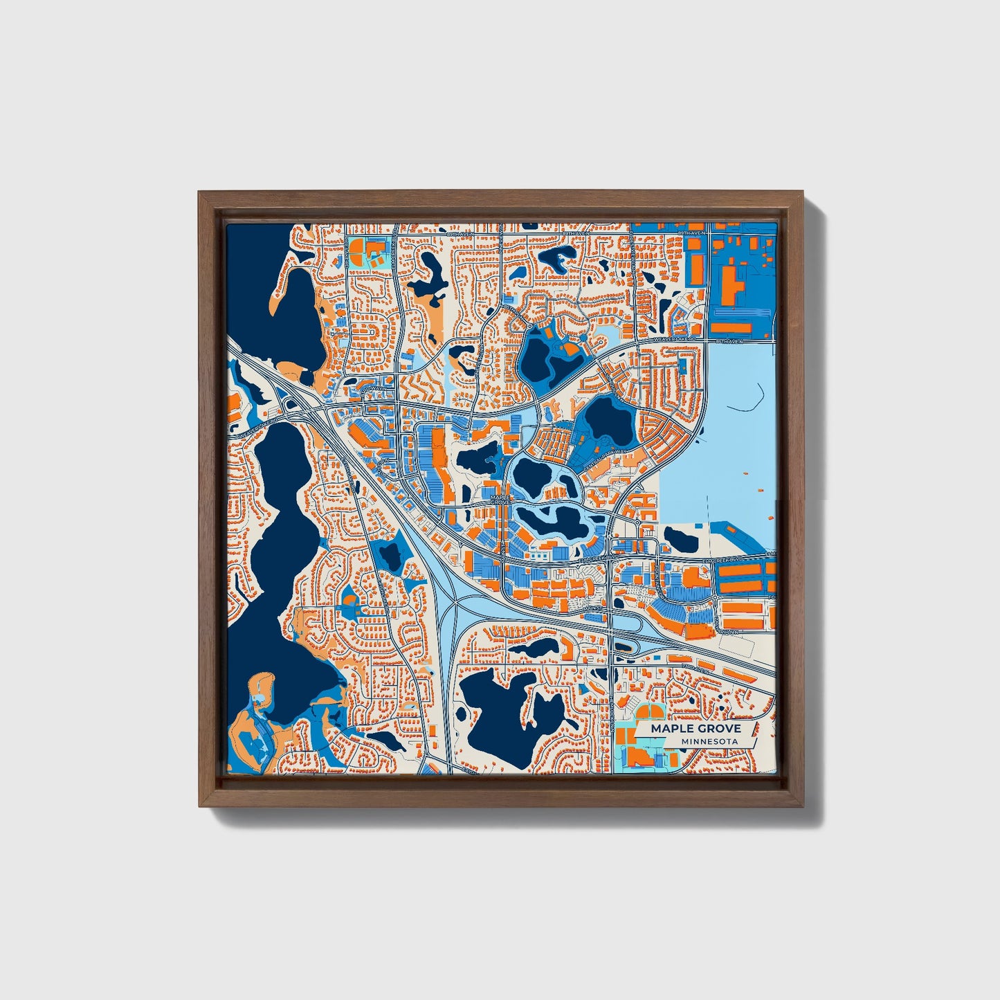 Maple Grove Minnesota Colorful City Map Canvas Print • Dark Wooden Framed