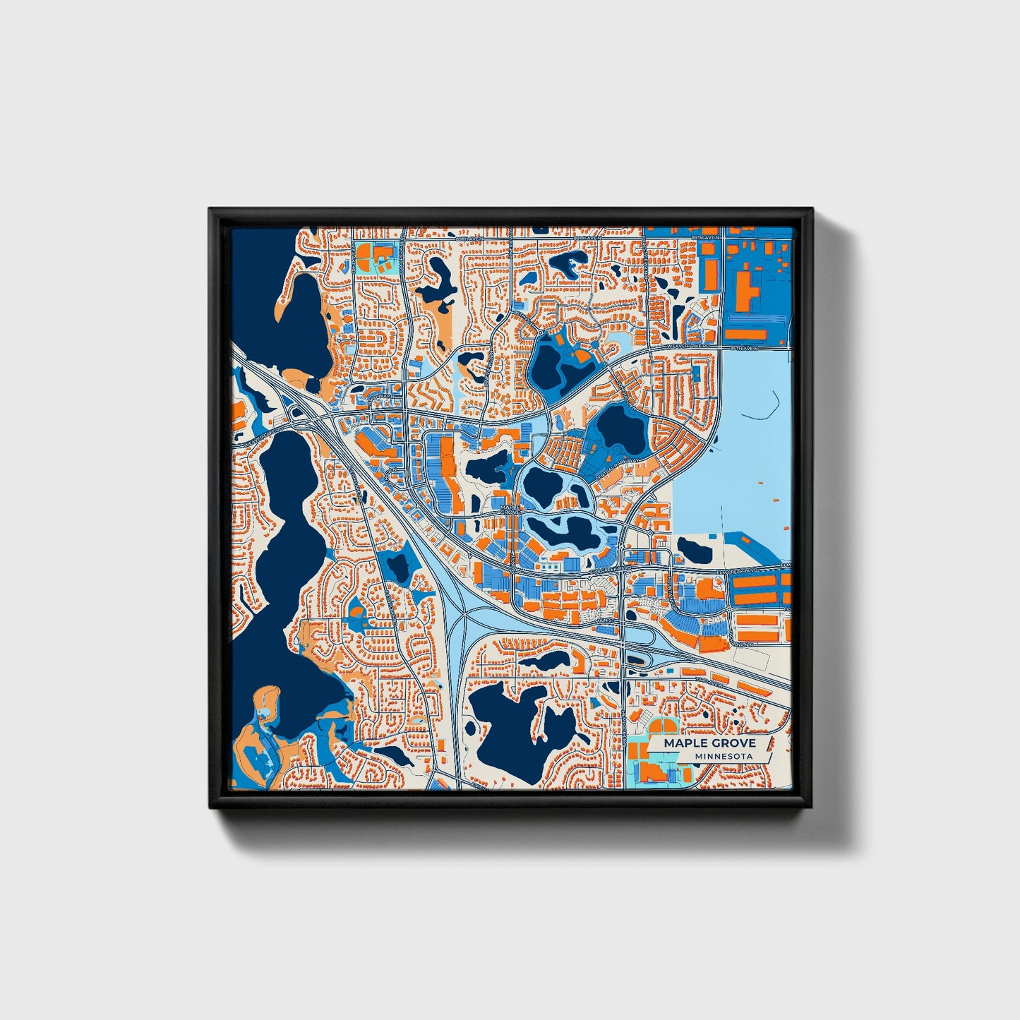 Maple Grove Minnesota Colorful City Map Canvas Print • Black Framed