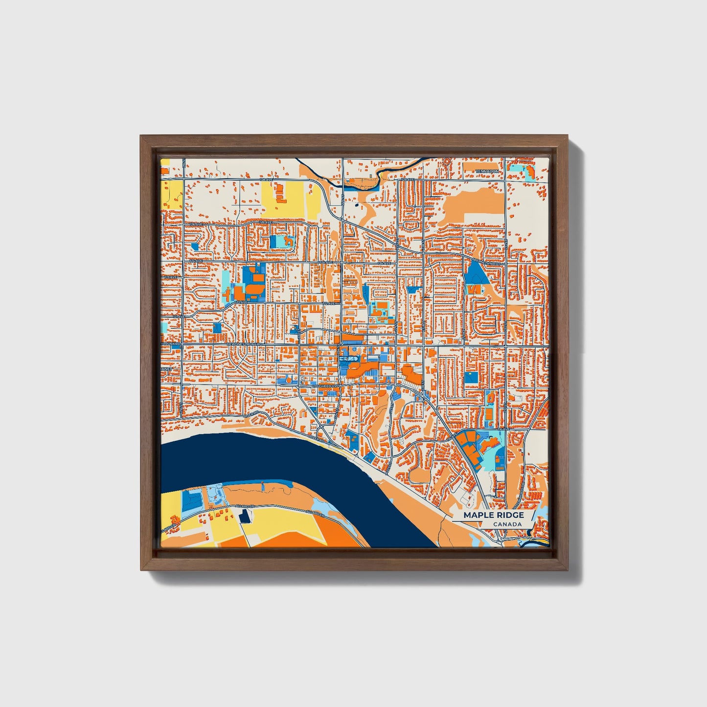 Maple Ridge Canada Colorful City Map Canvas Print • Dark Wooden Framed