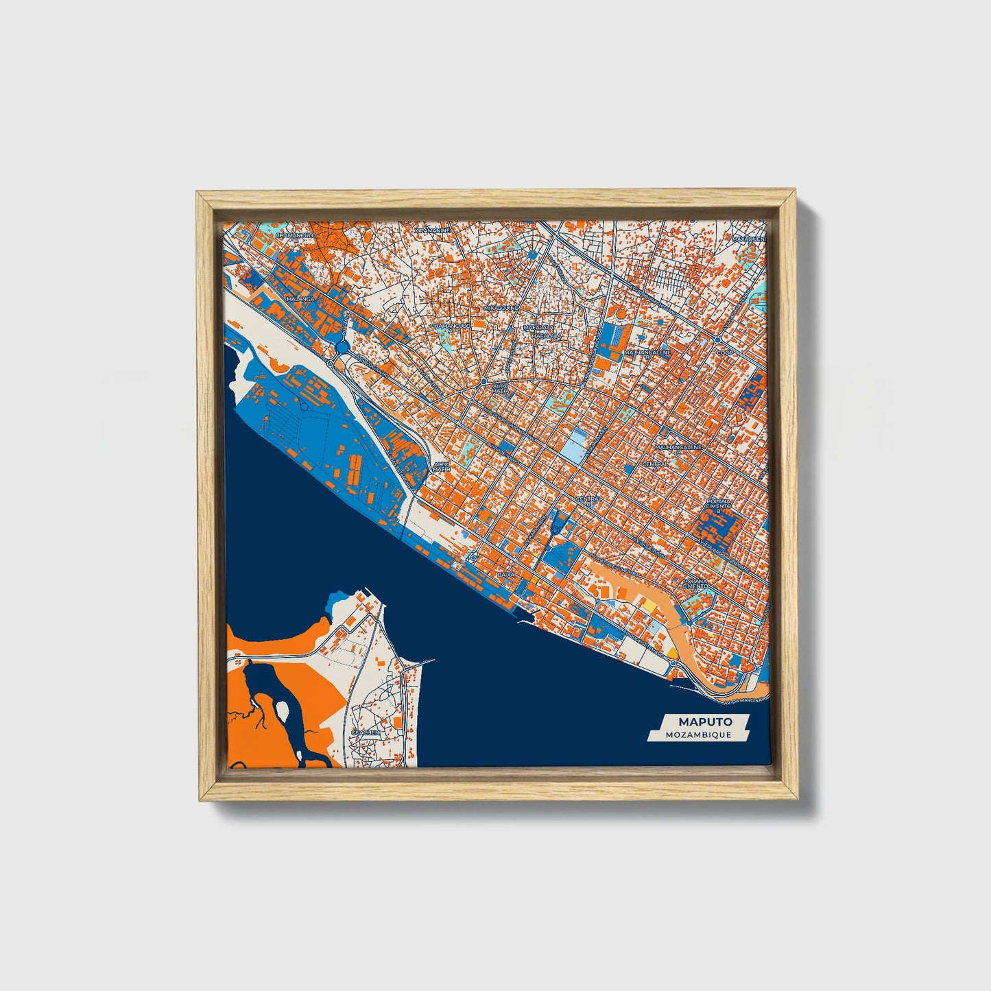 Maputo Mozambique Colorful City Map Canvas Print • Natural Wooden Framed