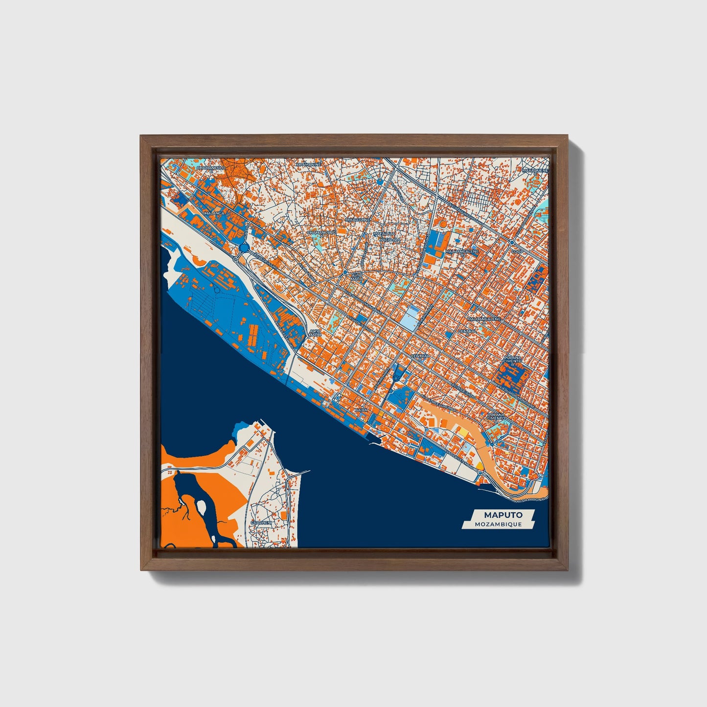 Maputo Mozambique Colorful City Map Canvas Print • Dark Wooden Framed