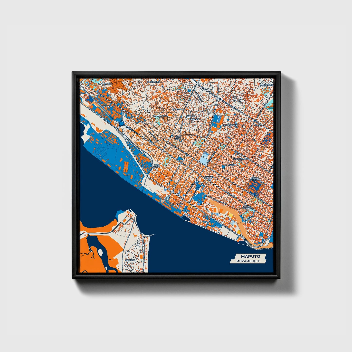 Maputo Mozambique Colorful City Map Canvas Print • Black Framed