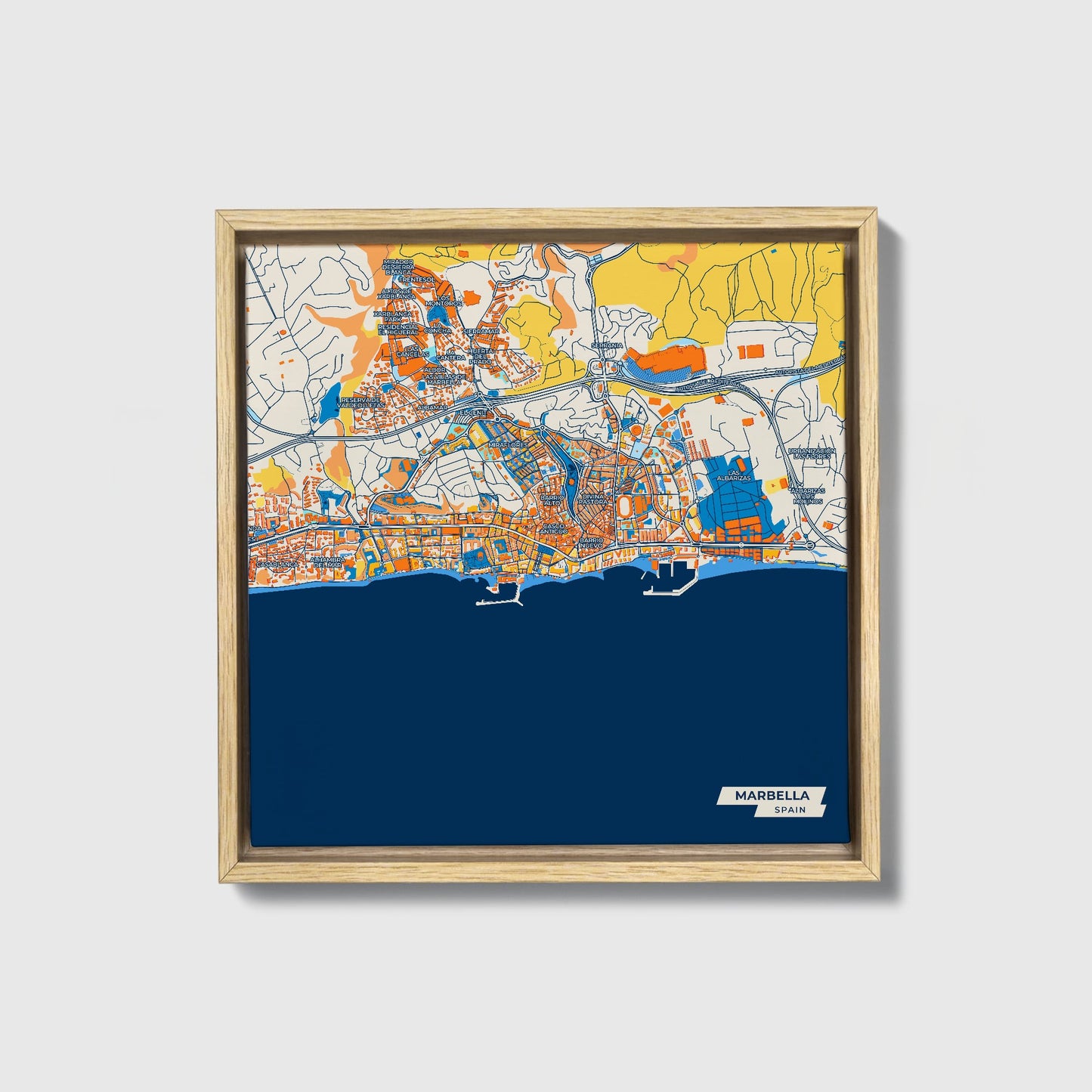 Marbella Spain Colorful City Map Canvas Print • Natural Wooden Framed