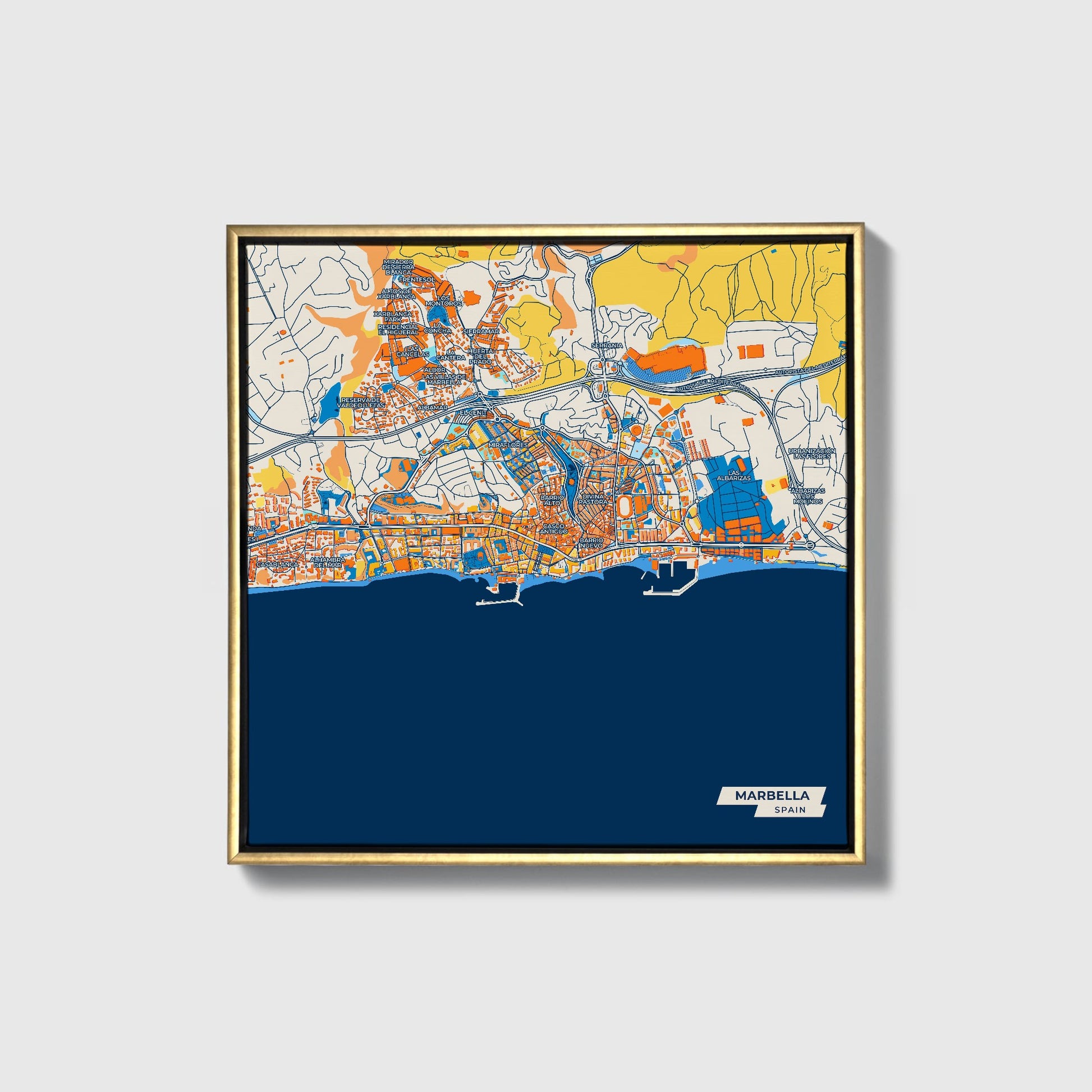Marbella Spain Colorful City Map Canvas Print • Gold Framed