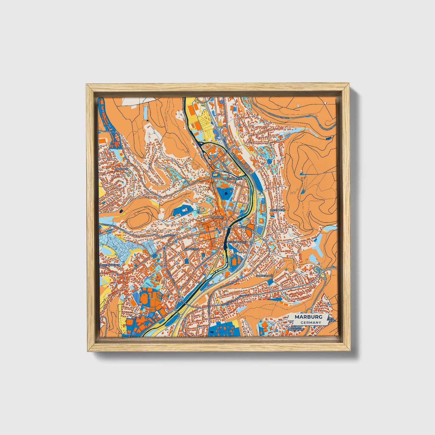 Marburg Germany Colorful City Map Canvas Print • Natural Wooden Framed
