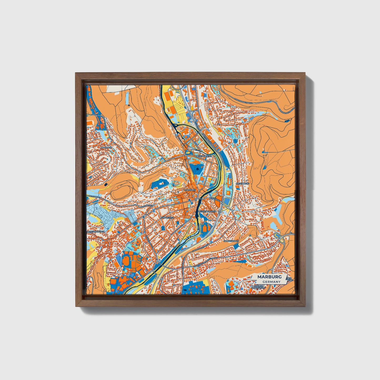 Marburg Germany Colorful City Map Canvas Print • Dark Wooden Framed