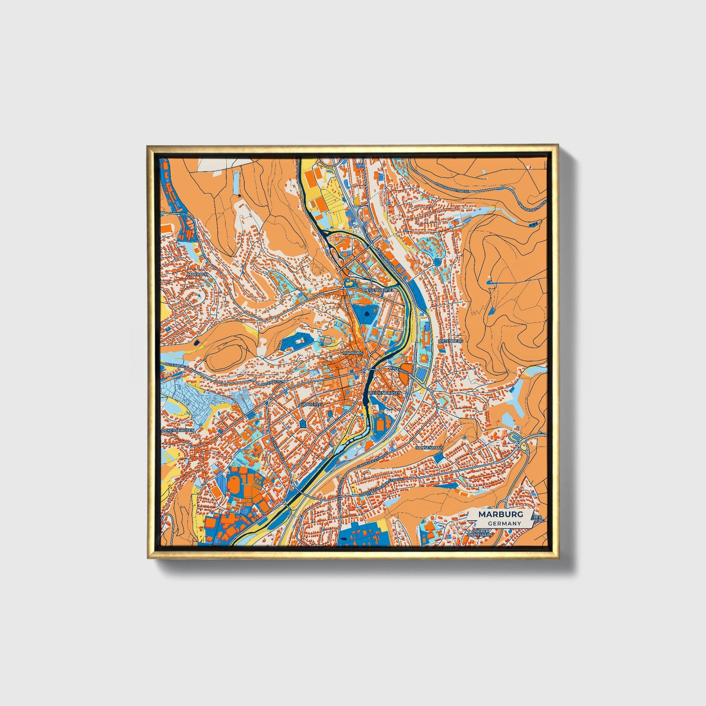 Marburg Germany Colorful City Map Canvas Print • Gold Framed
