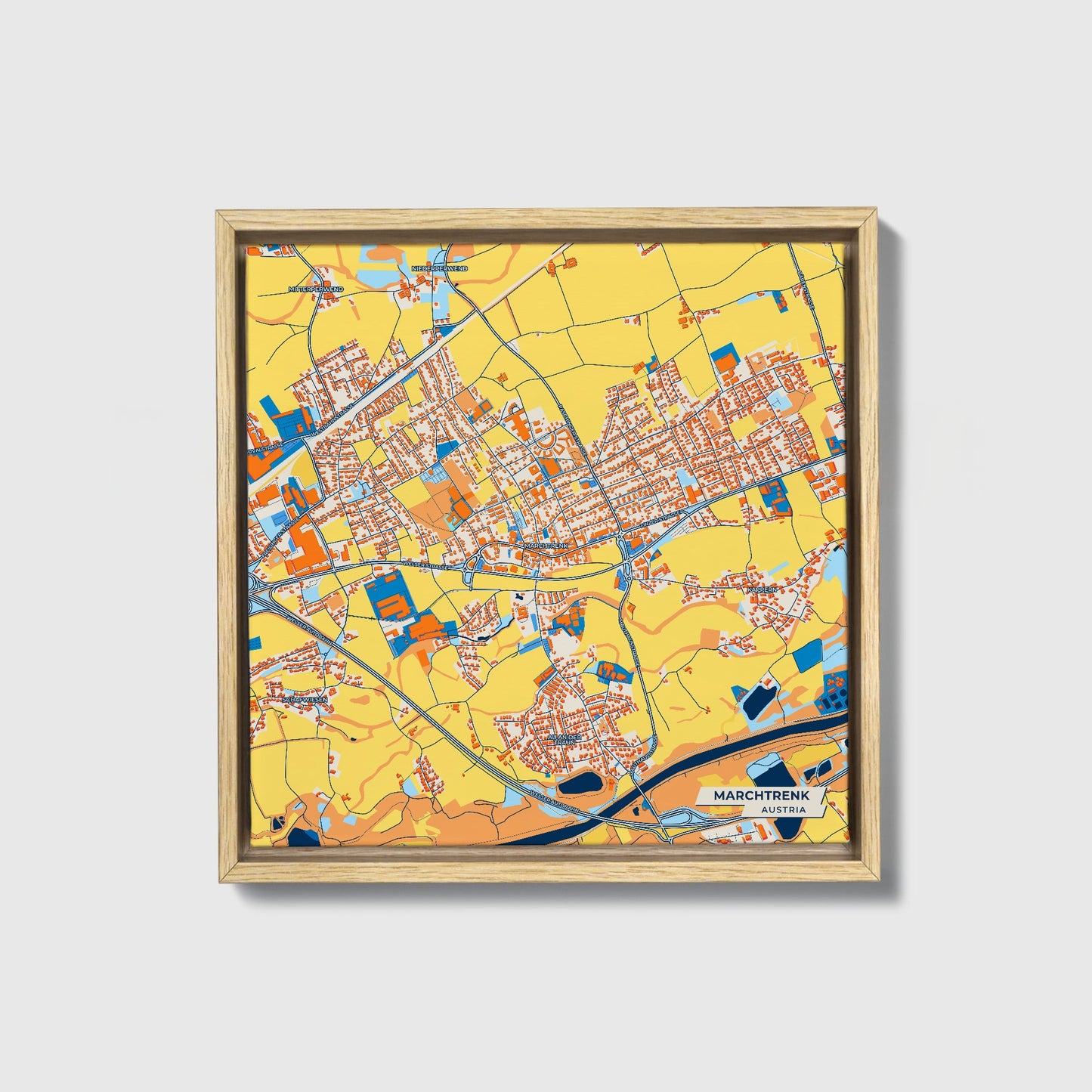 Marchtrenk Austria Colorful City Map Canvas Print • Natural Wooden Framed
