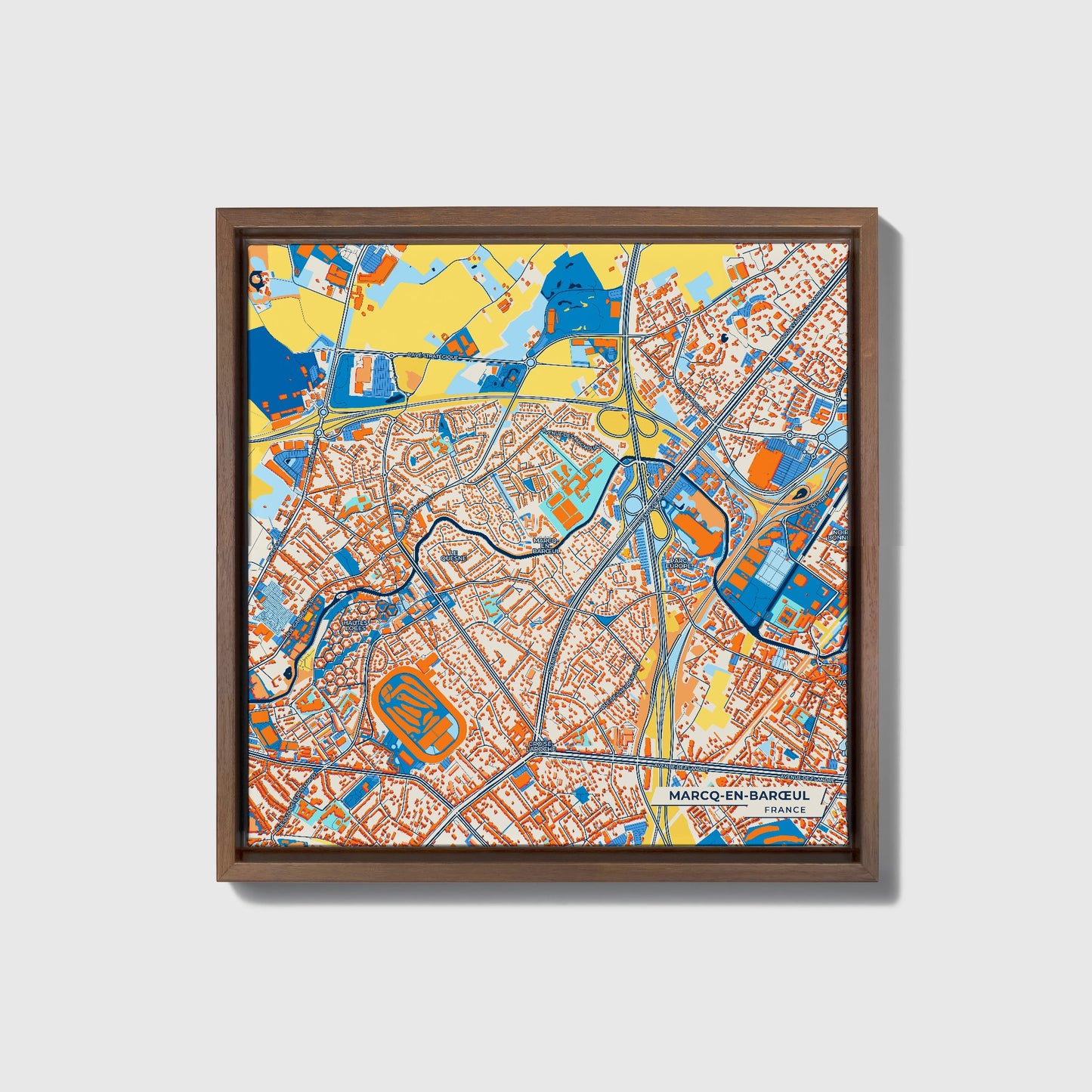 Marcq-En-Barœul France Colorful City Map Canvas Print • Dark Wooden Framed