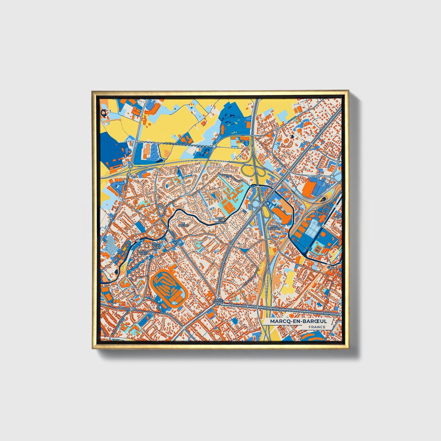 Marcq-En-Barœul France Colorful City Map Canvas Print • Gold Framed
