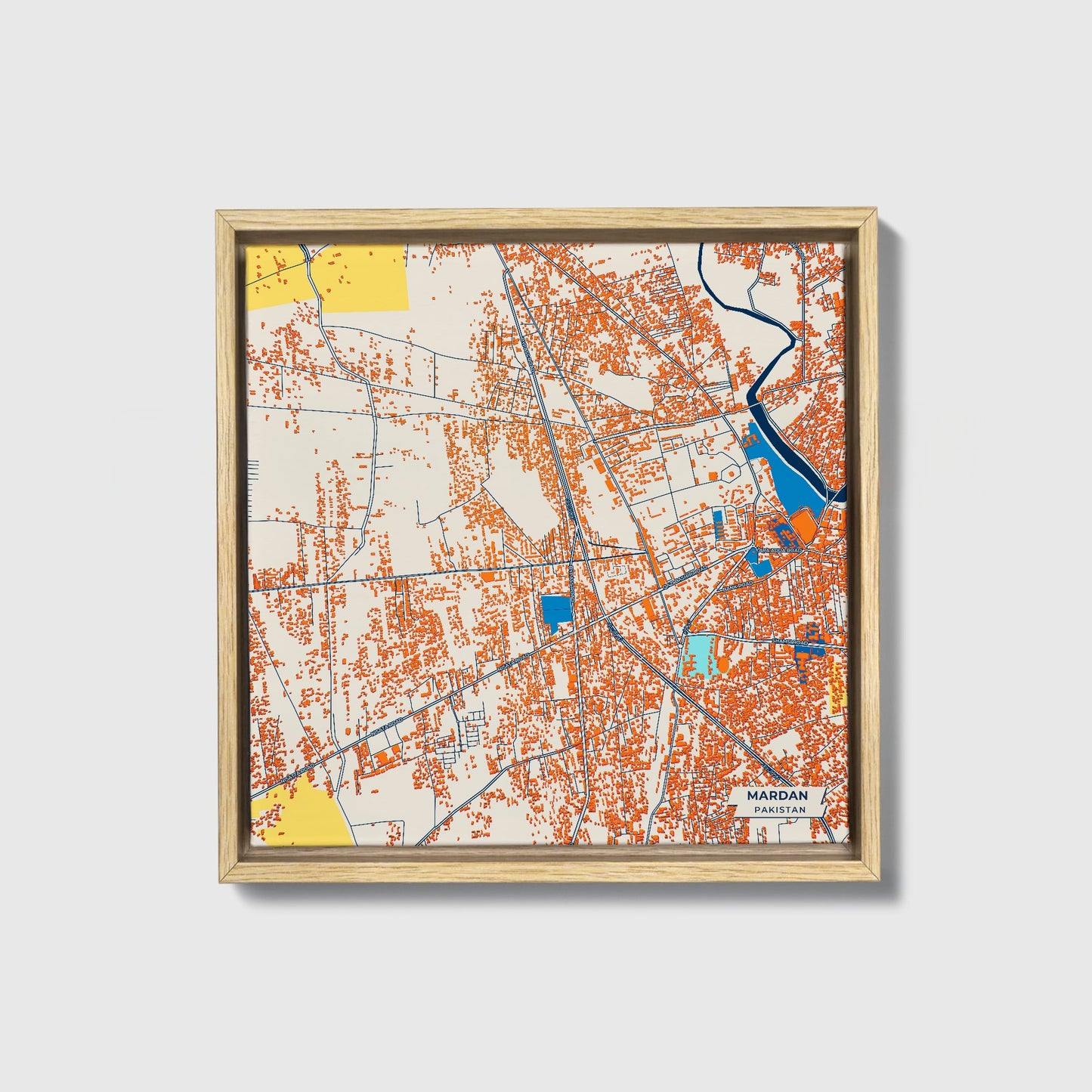 Mardan Pakistan Colorful City Map Canvas Print • Natural Wooden Framed