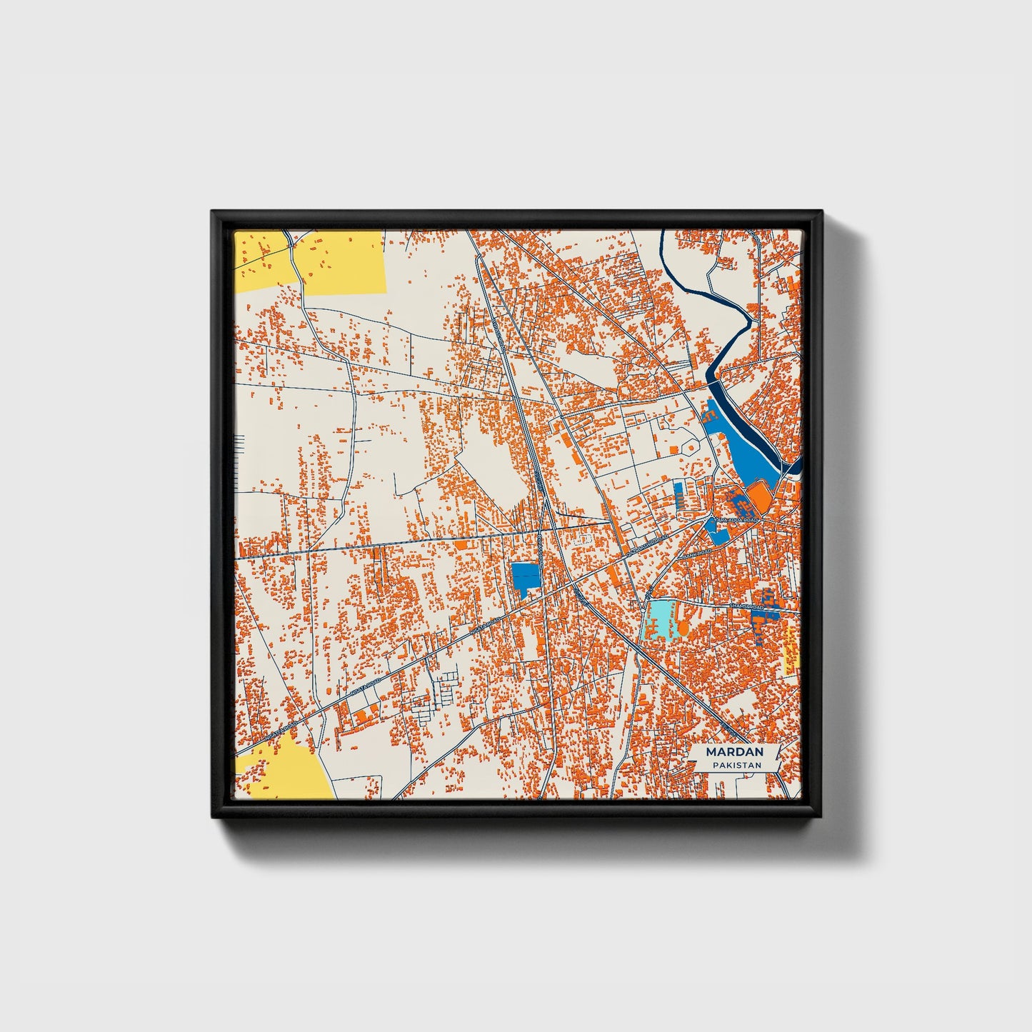 Mardan Pakistan Colorful City Map Canvas Print • Black Framed