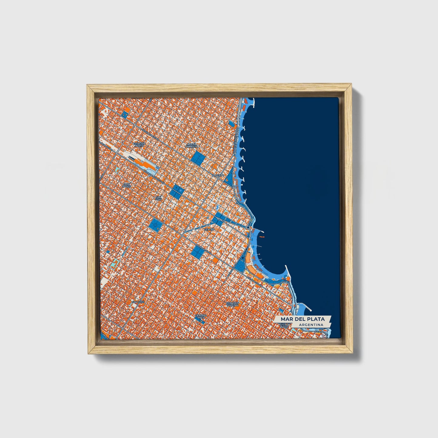 Mar Del Plata Argentina Colorful City Map Canvas Print • Natural Wooden Framed
