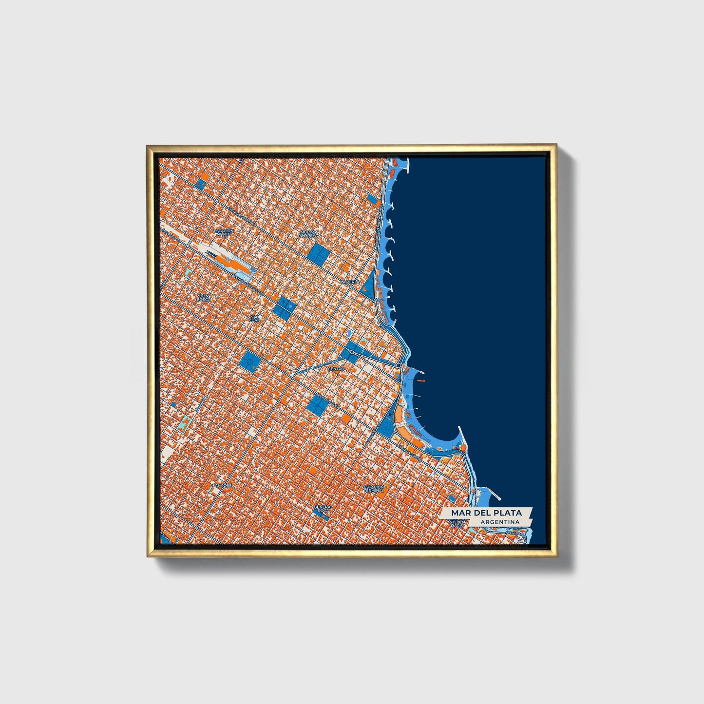 Mar Del Plata Argentina Colorful City Map Canvas Print • Gold Framed