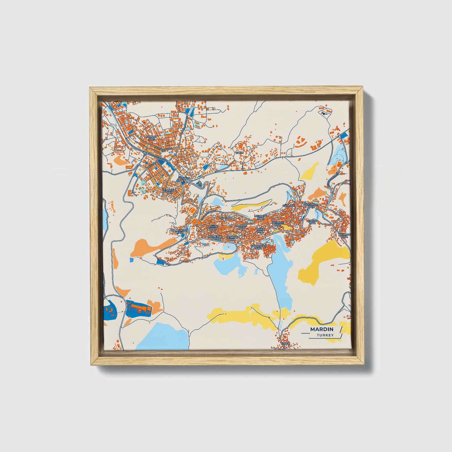 Mardi̇n Turkey Colorful City Map Canvas Print • Natural Wooden Framed